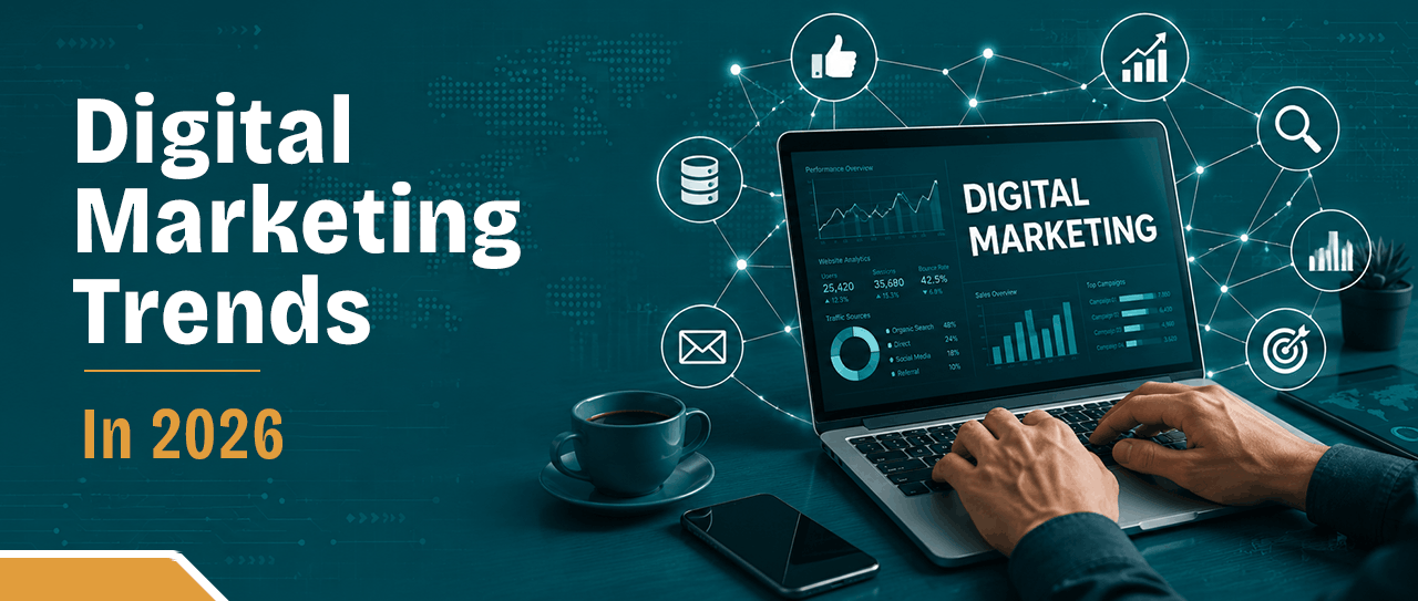 Digital marketing trends 2026 cover image showing AI search, social commerce and short-form content icons