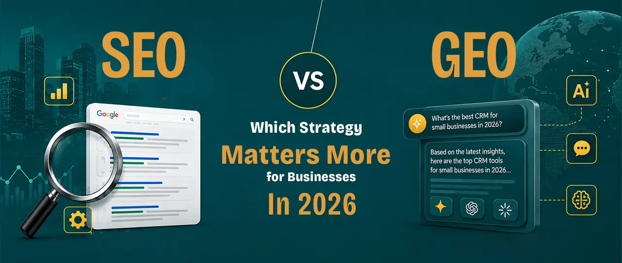 SEO vs GEO 2026 cover image showing traditional search results next to an AI-generated answer